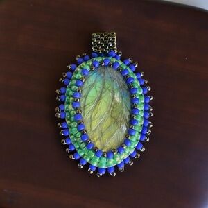 Carved Leaf Labradorite Oval Bead Embroidered Pendant